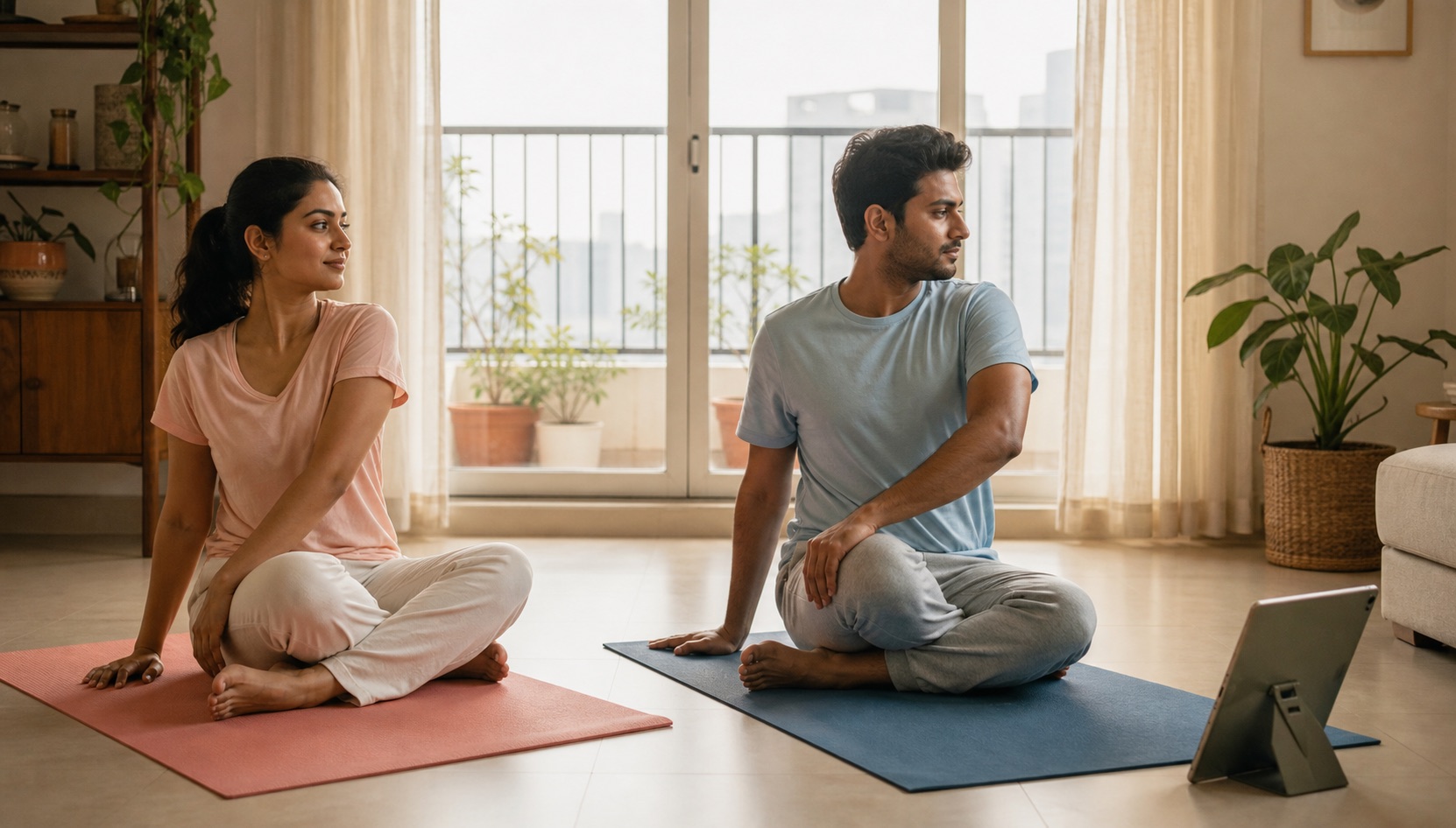 Illustration of a woman and man following a careful guided yoga session