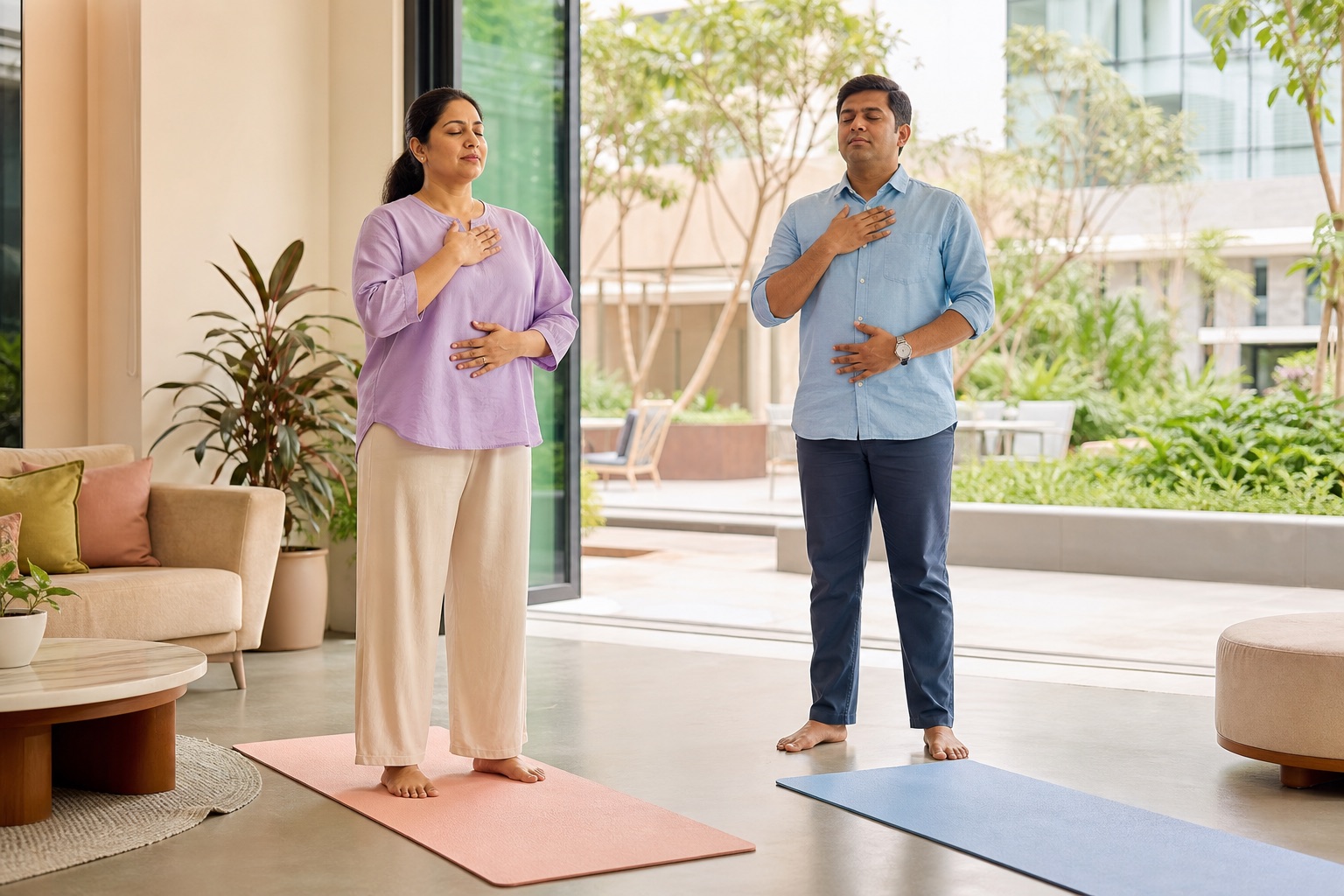Illustration of a woman and man taking part in a workplace wellbeing workshop