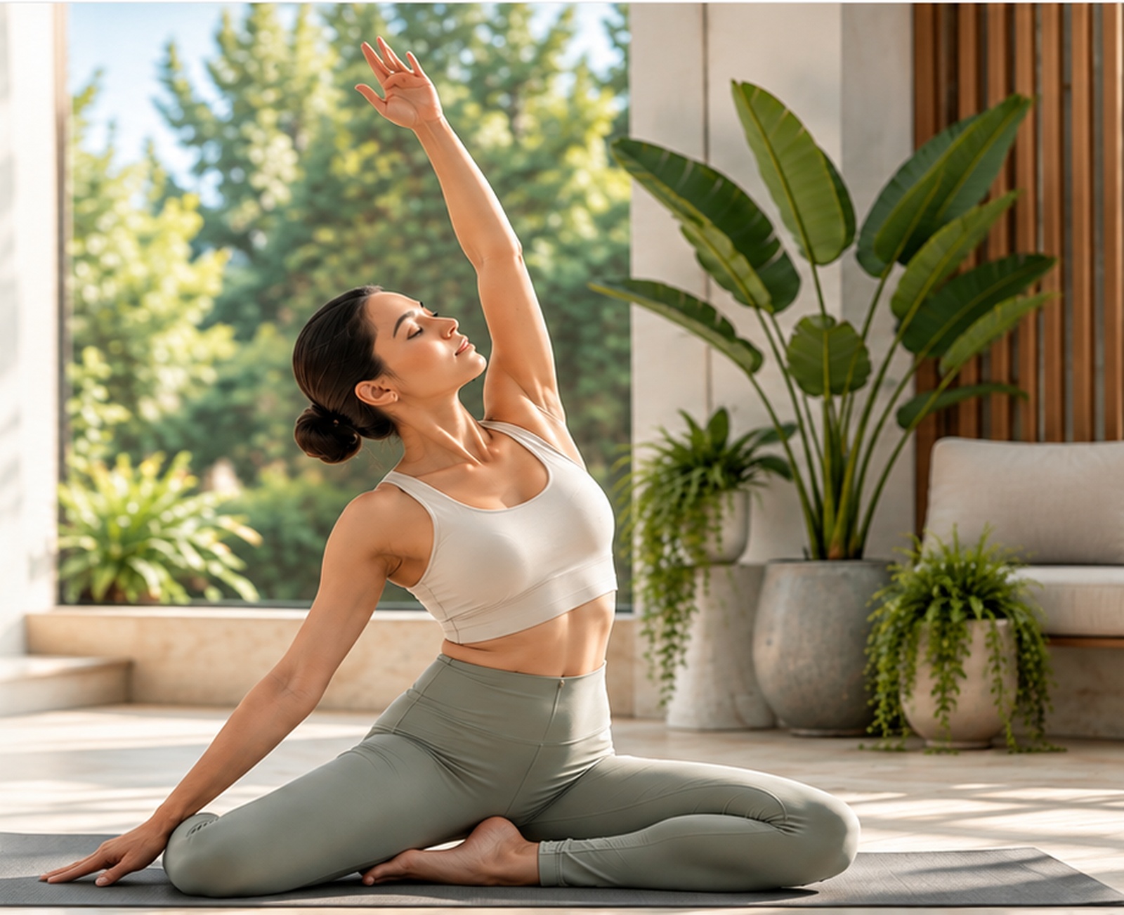 Woman practising yoga in a bright premium indoor wellness space